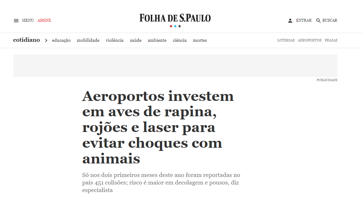 .Aeroportos investem em aves de rapina - Folha de São Paulo